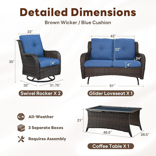 Belord 4 Piece Patio Furniture Set - Outdoor Glider Bench with Swivel Rocker Chairs and Coffee Table, High Back Small Outdoor Conversation Furniture Sets for Deck Sunroom Balcony Backyard
