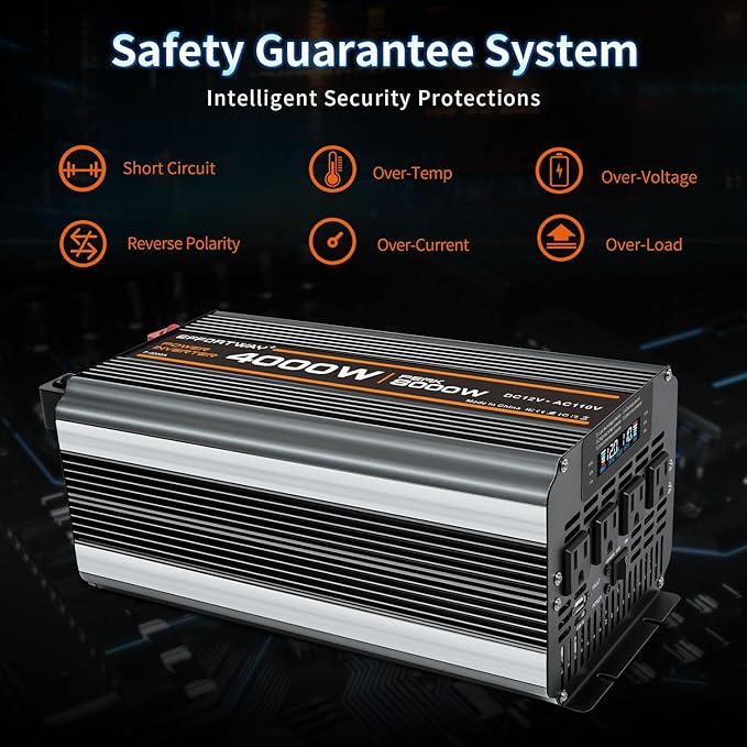 4000w Power Inverter DC 12V to AC 110V/120V Converter with 8000w Peak.Comes with LCD Display, Wireless Controller,4AC outlets 1USB.RV Inverter,Suitable for Camping,and Off-Grid Solar Inverter Systems