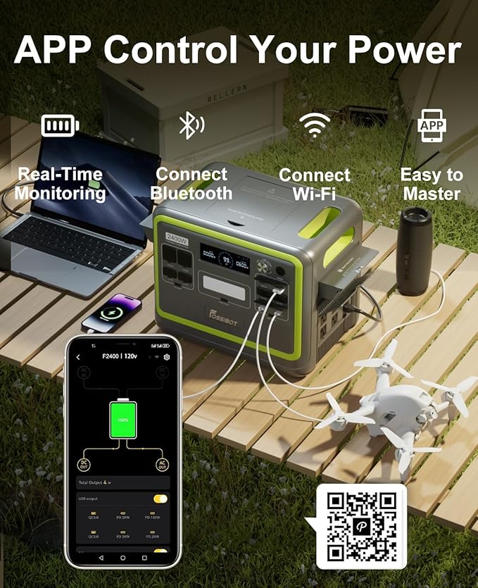 FOSSiBOT F2400 Solar Generator 2400W (4800W Peak),2048Wh LiFePO4 Battery Solar Generator with 1100W AC & 500W Solar Charging APP Control,1.5H Fast Charging, for Camping, Home Use, Emergency,RV