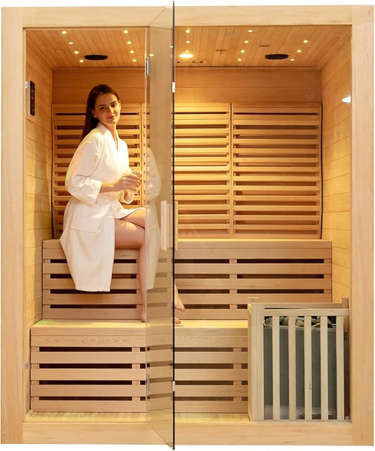 ZONEMEL Wooden Steam Sauna Room, 4 to 5 Person Canadian Hemlock Luxurious Indoor Sauna with 6 KW Harvia Stove Heater, Sauna Stone, Wooden Bucket, Scoop, Reading Light, WiFi Control, 220V