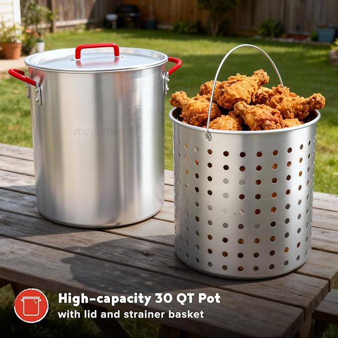 Megamaster Turkey Fryer Pot with Basket, 30 Qt Aluminum Seafood Boil Pot with Lid and Silicon Handles, Premium Turkey Deep Fryer for Outdoor Cooking - 630-13005