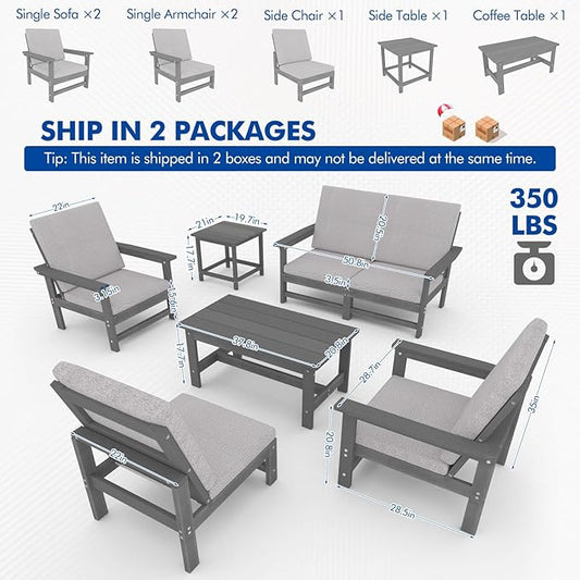7-Piece HDPE Patio Furniture Set, All-Weather Outdoor Sectional Sofa Set w/Coffee Table+Side Table - Wood-Like Composite Conversation Couch for Deck, Lawn, Balcony - Grey Frame with Cushion