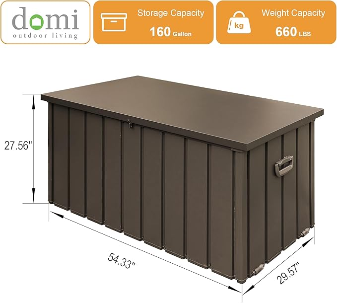 Domi 160 Gallon Deck Box, Outdoor Metal Lockable Storage Cabinet, Waterproof Steel Outdoor Bench with Lockable Lid, Side Handles & Rolling Casters for Outside Cushions, Pillows, Garden Tools, Brown