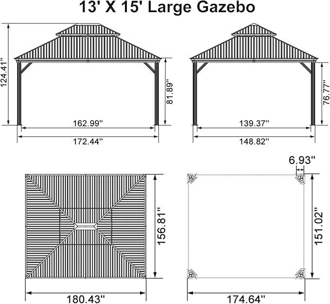 PURPLE LEAF Outdoor Gazebo 13'X15'，Champagne Hardtop Gazebo with Galvanized Steel Double Roof, Permanent Patio Gazebo with Curtains and Netting for Patio Lawn Garden and Deck