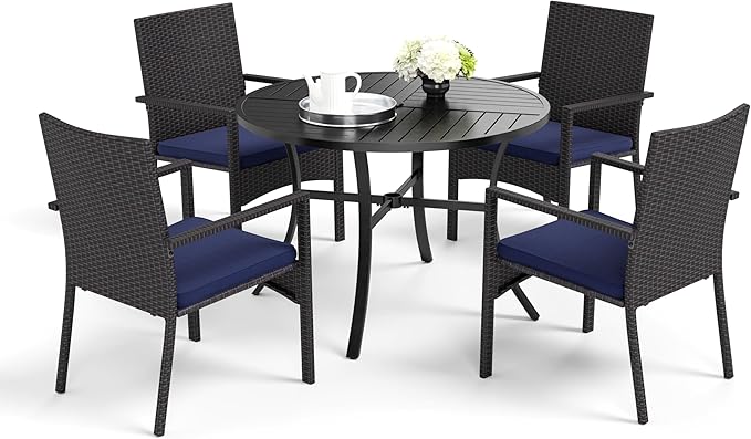 MFSTUDIO 5 Piece Patio Round Dining Set, 42" Round Table with Umbrella Hole & Wicker Chairs, Small Outdoor Dining Table and Chairs for 4, Patio Metal Table Dining Furniture, Porch, Deck, Yard
