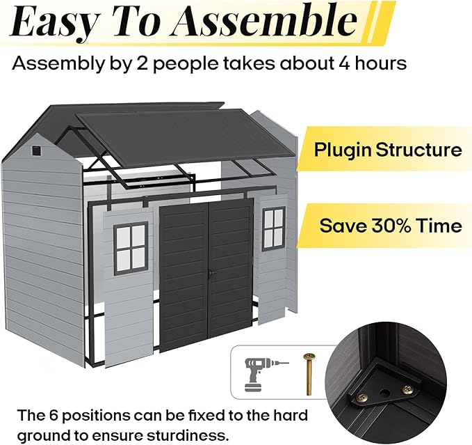 8x6 FT Resin Storage Sheds Outdoor with Floor Included, Plastic Sheds & Outdoor Storage Clearance with 2 Windows and Lockable Door, Backyard Storage Sheds for Bike, Garden Tools, Black+Grey