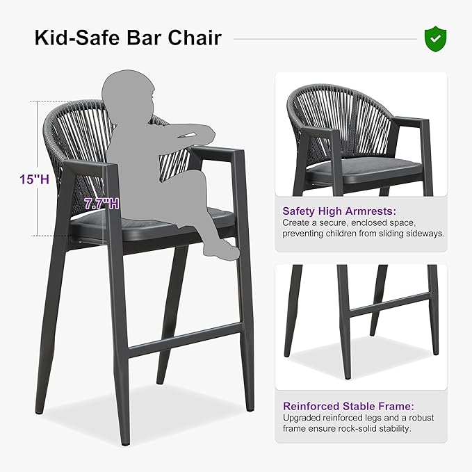 PURPLE LEAF Outdoor Bar Stool Set of 4 Wicker Bar Stools Rattan Bar Height Stool Bar Chairs Aluminum Barstool for Patio Kitchen Island Lawn Grey