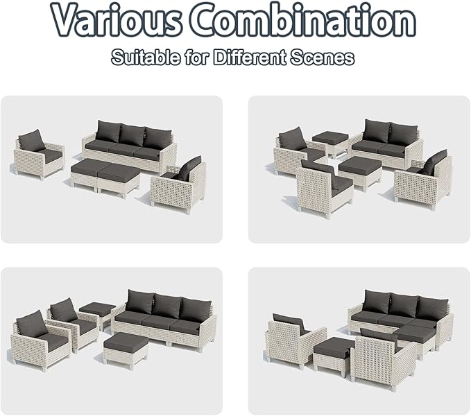 Outdoor Patio Furniture Set 14-Piece Modular Wicker Sectional Sofa with Ottomans and Thick Cushions, Modern Rattan Outdoor Conversation Couch for Garden Backyard, Black