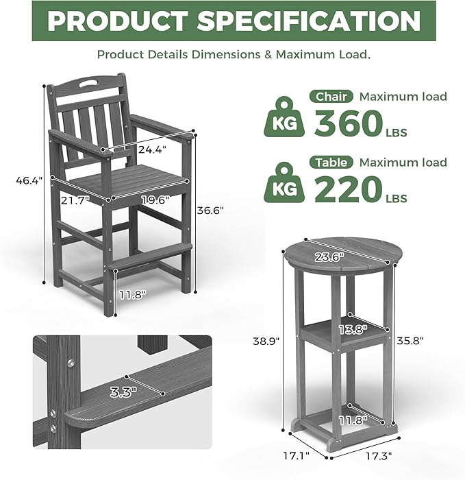 HDPE Outdoor Patio Bar Set with Bar Height Table and 2 Adirondack Chairs, All-Weather High Top Outside Round Pub Furniture for Bistro, Garden, Backyard, Deck | 3-Pieces, Grey
