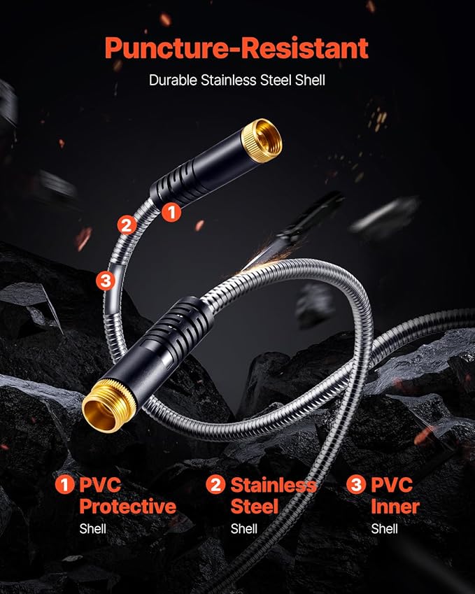 VEVOR Garden Hose Metal 75 ft, Rust Proof Stainless Steel Water Hose, Heavy Duty Backyard Hose with 10 Function Nozzle, No-Kink & Flexible Water Pipe, Lightweight Metal Hose for Yard, Outdoor