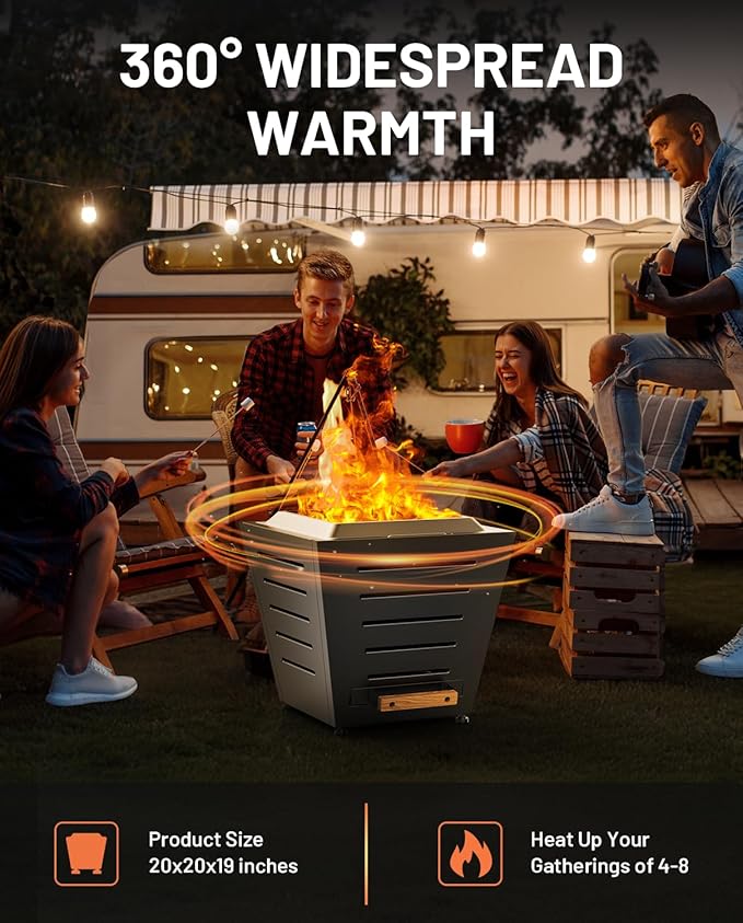 20 Inch Smokeless Fire Pit Stainless Steel Wood Burning Fireplace Portable Outdoor Fire Pit Patio Smokeless Firepit with Pull-Out Ash Tray and Handles, Black