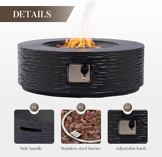 Cosiest Propane Fire Pit for Outside, 35 in Round Gas Fire Pits for Outdoor Patio, Certified, 50000 BTU Concrete Rectangle Base with Rain Cover, Free Lava Rocks