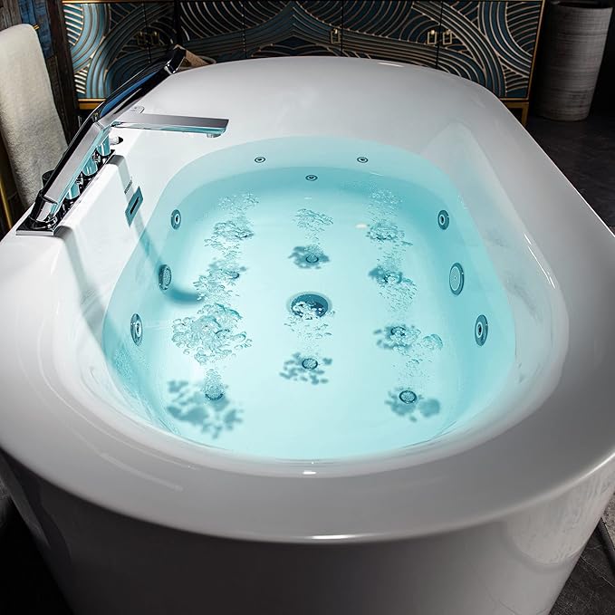 WOODBRIDGE 59" x 31-1/2" Whirlpool Water Jetted and Air Bubble Freestanding Heated Soaking Combination Bathtub with Faucet,BJ-100+F0041