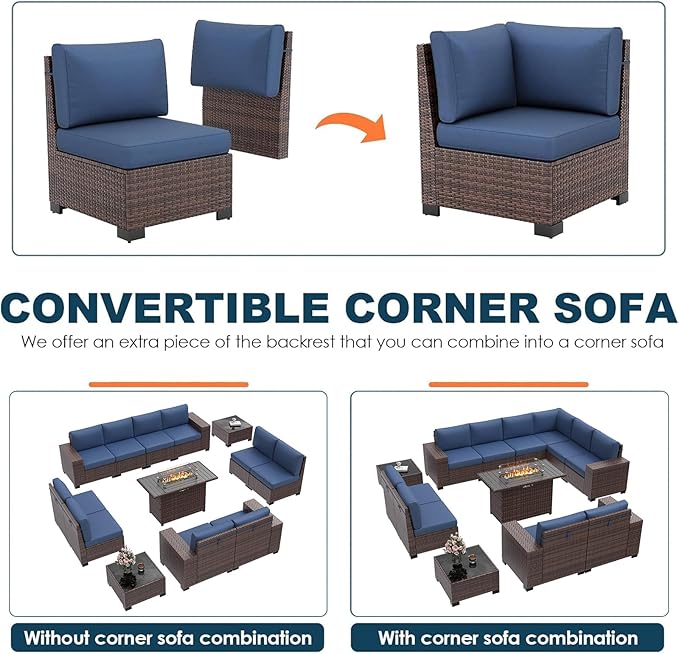 13 Piece Patio Furniture Set with Fire Pit Table, Wide Armrest Outdoor Sectional Sofa Grey Wicker Rattan Conversation Sets, 4'' Thickened Cushion Dark Grey (Include Waterproof Cover)