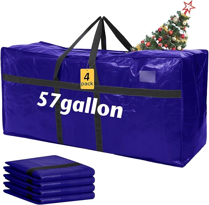 Windyun 4 Pack 57 Gallon Extra Large Storage Bags XXL Moving Bags with Zipper Handles Heavy Duty Jumbo Big Tote Box for Christmas Tree Storage 4, 5, 7.5, 9, 10, 12 ft Skeleton College Dorm(Navy Blue)