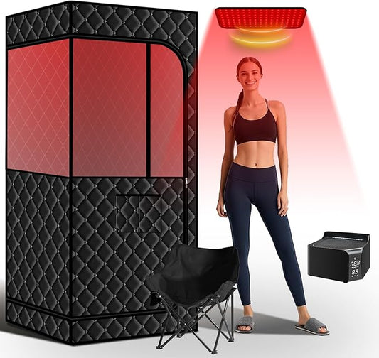 Smartmak Portable Sauna with Infrared 660nm Red Light Therapy Lamp for Home Relaxation, Personal Large Full Body Sauna Spa Tent, 1500W High Power Hot Air Saunas, Folding Chair Indoor Use