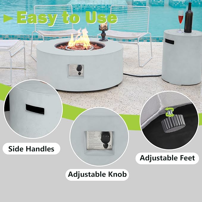 36 Inch Round Propane Fire Pit–Outdoor Firepit 3-Piece 50,000 BTU Gas Concrete Fire Pit w Tank Cover,CSA Certification,w Lid and Glass Wind Guard,Lava Rocks, Rain Cover for Backyard&Deck