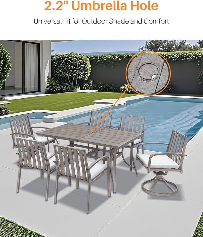 SEEHILL Aluminum Patio Dining Table for 6, Limed Oak Outdoor Rectangle Dining Table with Umbrella Hole, Rustproof 6 Person Outdoor Dining Tables for Backyard, Deck, Garden, Poolside, Porch