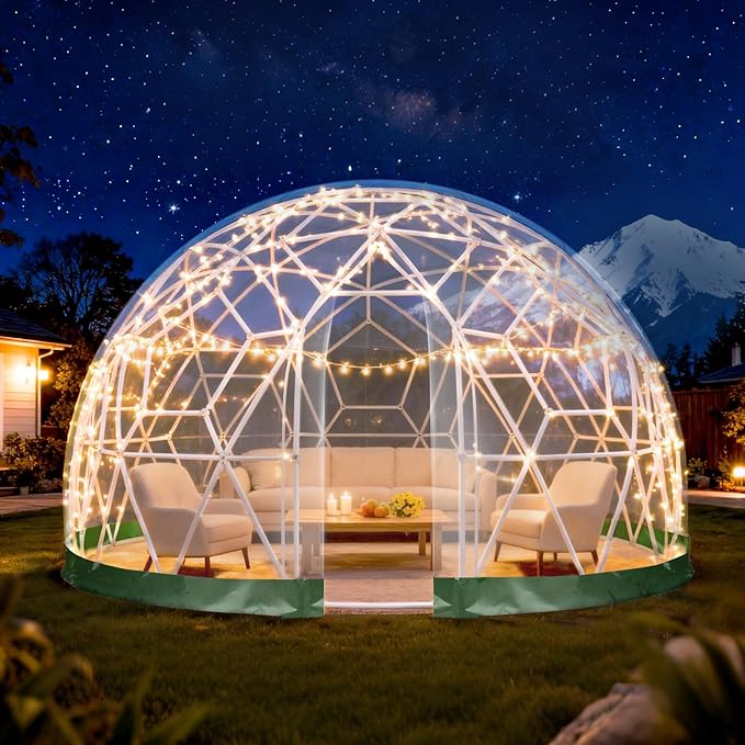 Garden Dome Tent 15*9.5FT, 360° View Geodesic Dome Greenhouse with PVC Clear Cover, Waterproof Garden Bubble Dome Tent House with 2 x 10M Light Strings for Outdoor, Green