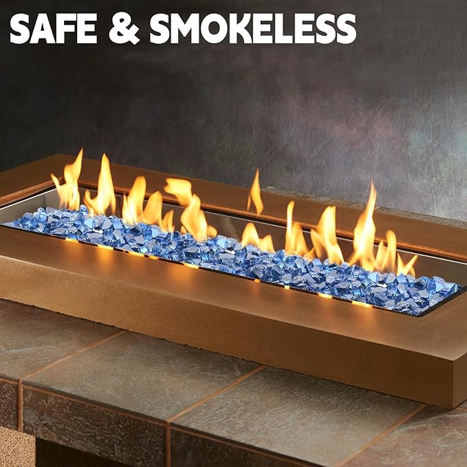 Blue Fire Pit Glass, 10 Pounds High Luster Reflective Tempered Glass Rocks for FirePit Table, Propane Fireplaces, Fire Bowls, 1/2 Inch