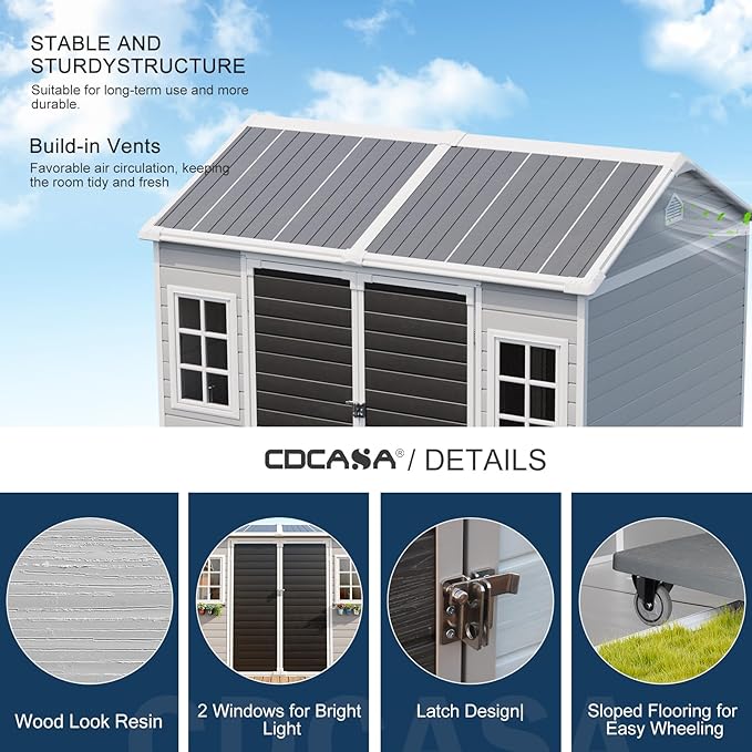 CDCASA 8x6 FT Resin Storage Shed, Waterproof Large Outdoor Sheds with Floor & 2 Adjustable Openable Windows Included, Outside Plastic Tool Shed for Backyard Patio Poolside Garden Lawn