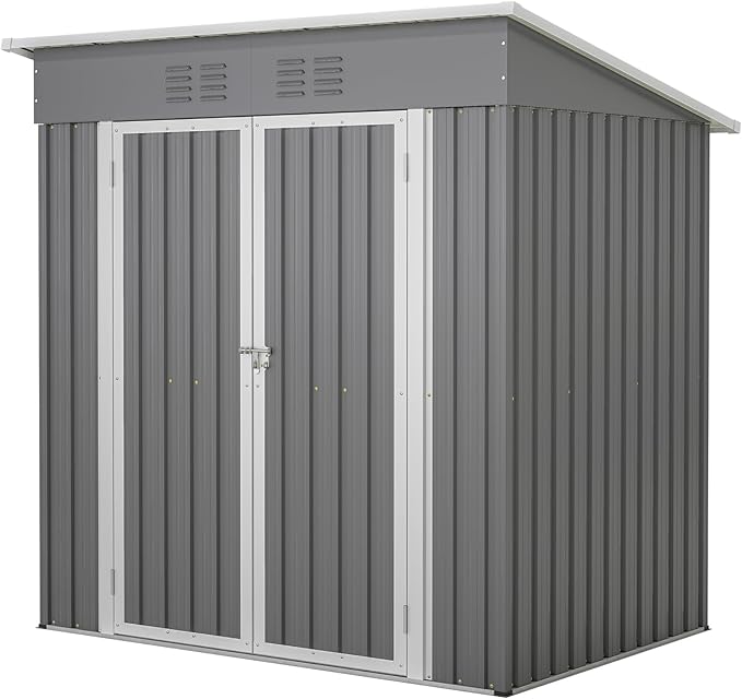 6x4 FT Outdoor Storage Shed, Metal Garden Shed with Frame Floor, Outside Tool Shed with Lockable Hinged Doors, Waterproof Storage Building with Sloped Roof for Backyard, Patio, Lawn, Gray