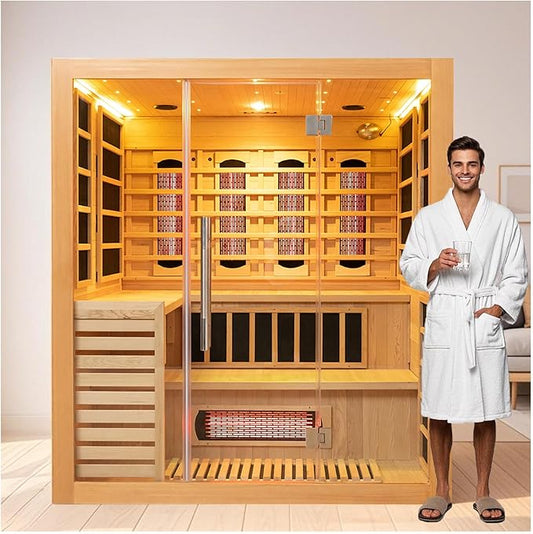 Wood Home Hybrid Sauna for 6 Person, Far Infrared & Steam Dual System Indoor Traditional Saunas, 4.8KW/6KW, 11 Heating Elements and Heating Stove, Speaker, Oxygen Bar, Water Bucket, Rocks, Hemlock