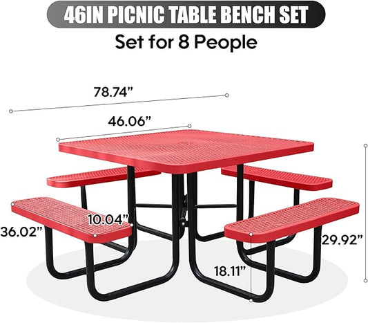 8-Person Outdoor Picnic Tables,46" Heavy-Duty Metal Square Picnic Table,Expanded Metal Commercial-Grade Table with 4 Benches & Umbrella Hole,Waterproof Coating Beach Table for Patio,Garden, Backyard