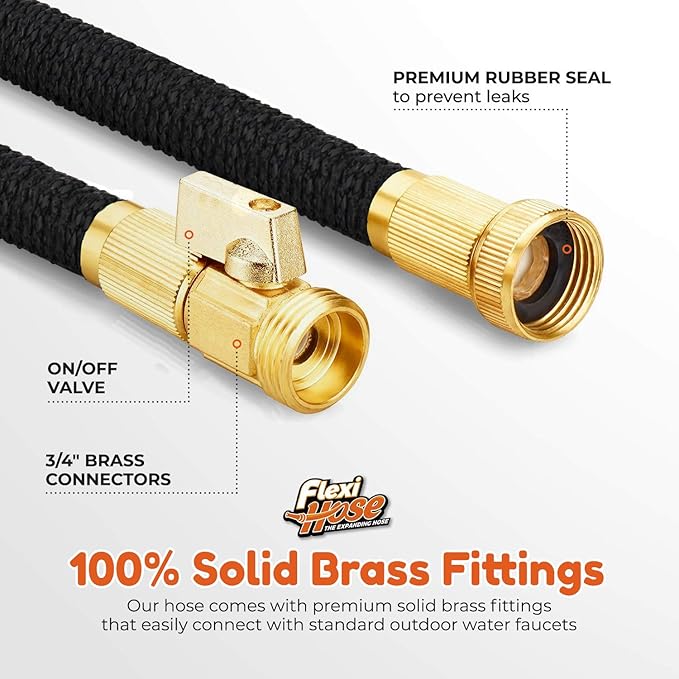 Flexi Hose Lightweight Expandable Garden Hose, 25FT -Retractable Garden Hose, Water Hose - No-Kink Flexibility, 3/4 Inch Solid Brass Fittings and Double Latex Core