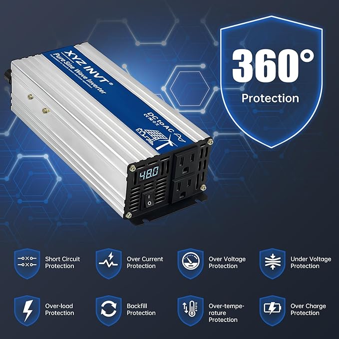 1200W Pure Sine Wave Power Inverter DC 48V to AC 110V/120V, 2400W Peak, Car/Truck Power Converter for Solar, Home, Vehicle & Rechargeable Devices with LED Display