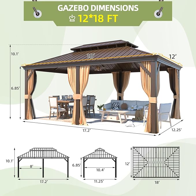 MELLCOM 12'x18' Hardtop Gazebo,Galvanized Steel Metal Double Roof Gazebos with Curtain and Netting, Brown Permanent Pavilion Canopy with Aluminum Frame for Patios,Gardens,Lawns