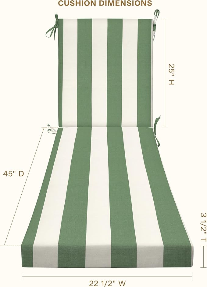 Honeycomb Outdoor Heritage Chaise, 22.5" W x 70" L, Cabana Stripe Green & Cream Chair Cushion for Patio Furniture