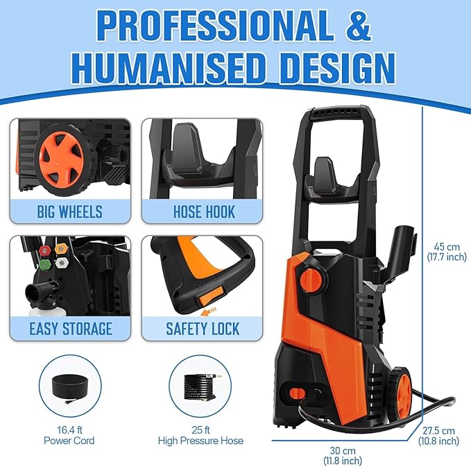 Pressure Washer, Power Washer with Foam Cannon, 4500PSIIMAX, High Pressure Cleaning Machine with Quick Connect Nozzles and 25FT Pressure Hose for Car Patio Driveway Home Outdoor