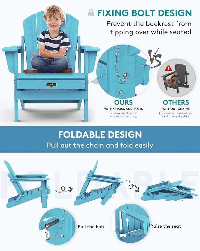 SERWALL Folding Adirondack Chair Weather Resistant Patio Chair Outdoor Chairs Painted Adirondack Chairs Set of 2 - Aruba Blue