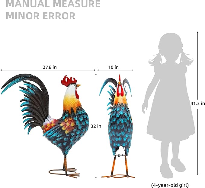 Autodaya 32" Metal Rooster Decor, Outdoor Garden Statues, Metal Chicken Sculpture for Backyard Patio Kitchen Decor