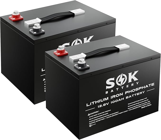 SOK Battery 100Ah 12V 2-Pack LiFePO4 Deep Cycle Lithium Iron Phosphate Batteries - Ideal for RVs & Off-Grid Use with Low-Temperature Protection.