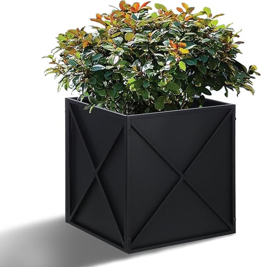 BAYN Metal Square Planter Box Tall Planters for Outdoor Plants Modern Heavy Duty with Drainage Holes for Outside Indoor Patio Deck - Black, 17”x 17”x 18”
