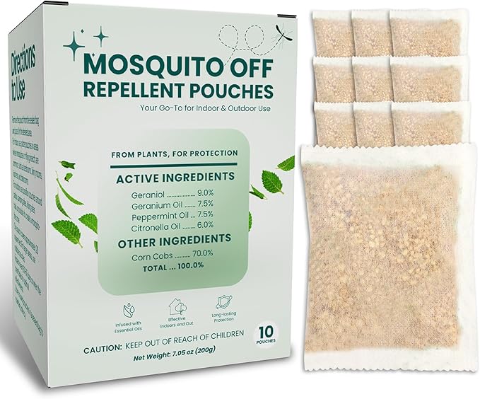 Mosquito Repellent Outdoor Patio Mosquito Repellent Pouches with Essential Oils – Long-Lasting Plant-Based Formula with Geraniol, Citronella, Peppermint – 10-Pack