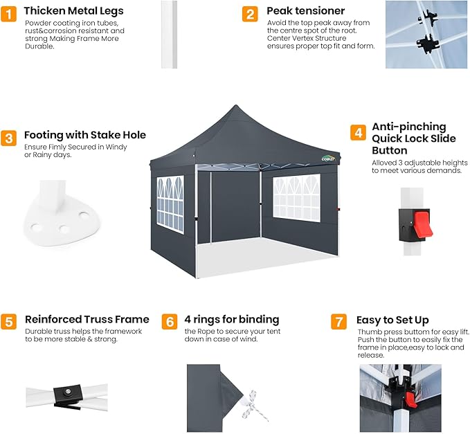 COBIZI 10x10ft Pop Up Canopy with 4 Removable Sidewalls, Easy Up Commercial Gazebos, Waterproof and UV50+ Gazebo with Portable Bag, Adjustable Leg Heights, Tents for Parties, with 4 sandbags, Gray