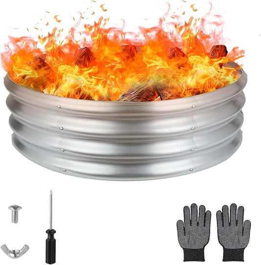 36 Inch Round Galvanized Fire Pit Ring, Silver Round Galvanized Fire Ring, 3 Feet Diameter Fire Pit, Outdoor Pits for Backyard, Camping, Bonfire