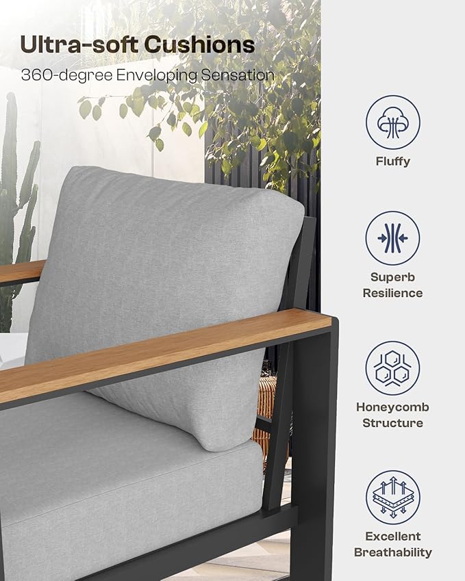 Aluminum Outdoor Patio Furniture Set with Coffee Table, 4 Piece Patio Conversation Sets with Washable Thick Cushions, Patio Sectional Furniture Set for Poolside, Balcony, Deck, Gray