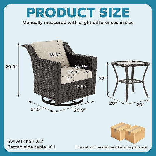 3 Pieces Patio Conversation Furniture Set - 2 Swivel Chairs, 1 Side Table, Outdoor Wicker Rocking Glider Armchairs with Washable Cushions for Porch, Balcony, Sunroom (Beige)