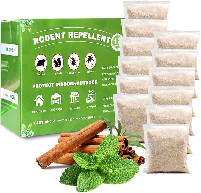 Peppermint Oil Mouse Repellent Pouches - 12 Pack Natural Rodent Repellent for House, Garage, Attic, Motorhome, Garden, Car - Indoor & Outdoor