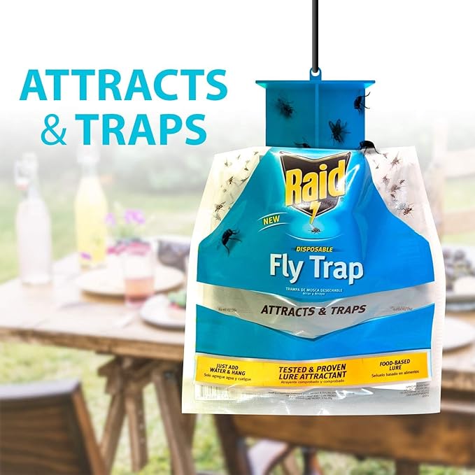 Raid Fly Trap for Outdoor Use, 6 Pack, Disposable Bag with Entry Funnel, Preloaded Lure, Water-Activated Hanging Bug Catcher for Patios, Gardens, Trash Areas, Picnics, Easy to Use & Discard