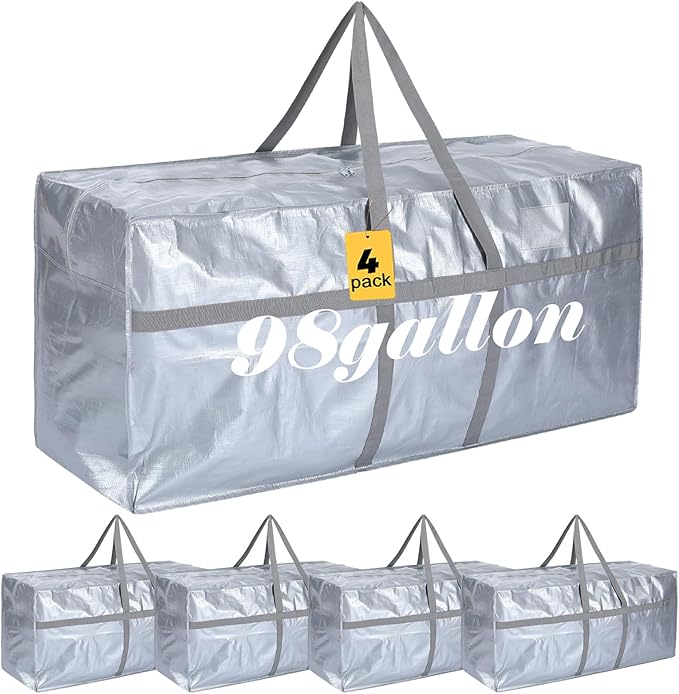 Windyun 4 Pack 98 Gallon Extra Large Storage Bags XXL Moving Bags with Zipper Handles Heavy Duty Jumbo Big Tote Box for Christmas Tree Storage 4, 5, 7.5, 9, 10, 12 ft Skeleton College Dorm(Silver)
