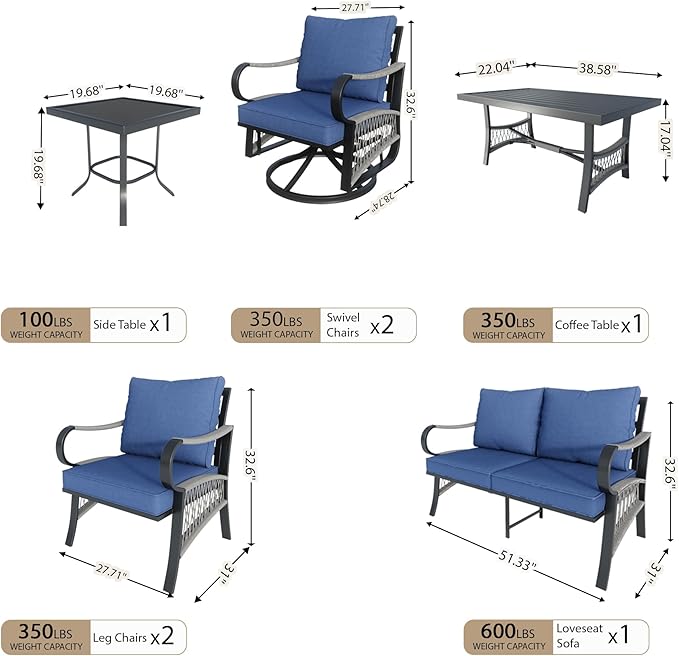 7 Pieces Modern Patio Furniture Set, All Weather Metal Outdoor Conversation Sets with 5.1" Extra Thick Cushion for Backyard Garden Deck Porch Poolside, Blue