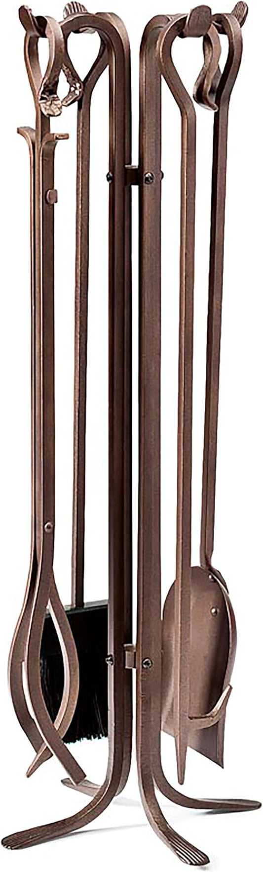 Plow & Hearth 5 Piece Hand Forged Iron Fireplace Tool Set 32.5" | Bronze Wrought Iron Handle for Outdoor Indoor | Stand Poker Shovel Brush Log Tongs Wood Stove Accessory