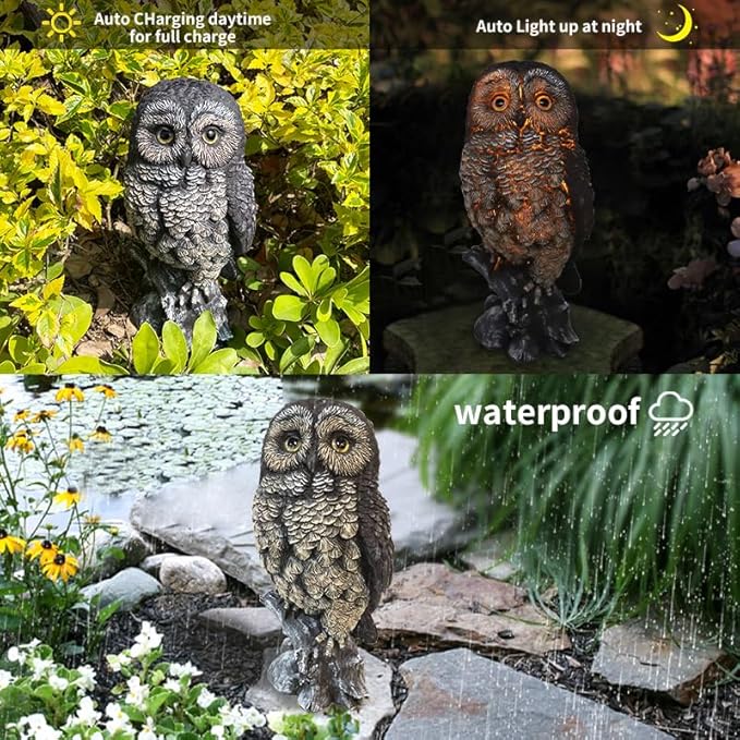 VV-Ladybug Solar Owl Garden Statues Outdoor Decor Resin with Solar Lights Sculpture for Porch Patio Lawn Yard Decorations Christmas Housewarming Gifts for Women Mom