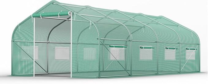 Walk-in Greenhouse 10×20×7FT, Outdoor Tunnel Greenhouse, Large Plant Hoop House for Outside, Hot House for Winter with 6 Ventilated Mesh Windows, Galvanized Steel Frame (Green, 20×10×7FT)