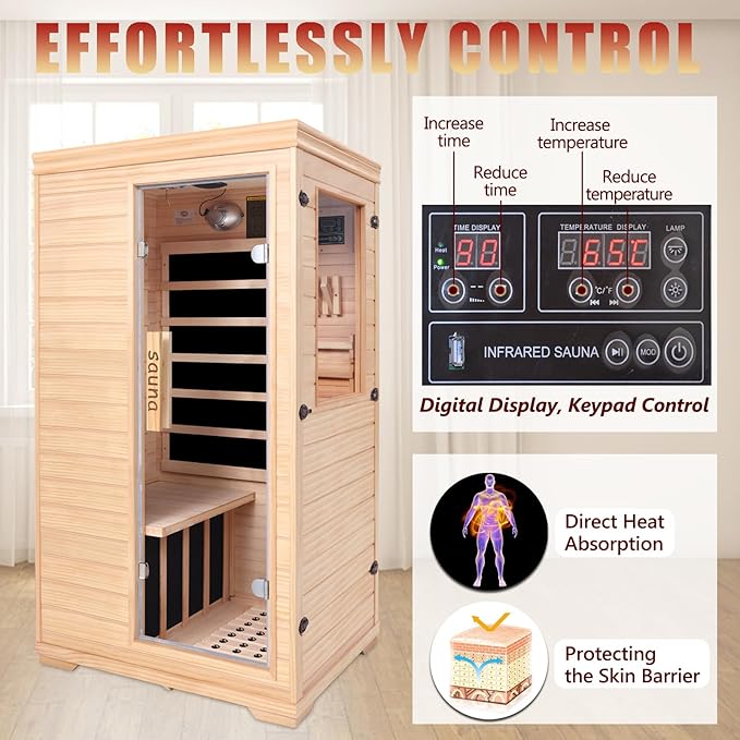 Far Infrared Sauna for 1 Person, Indoor Low EMF Infrared Wooden Dry Sauna for Home with 5 Low EMF Heating Panels, Side-Opening Door, Digital Control, Bluetooth Speakers, Home Spa Therapy